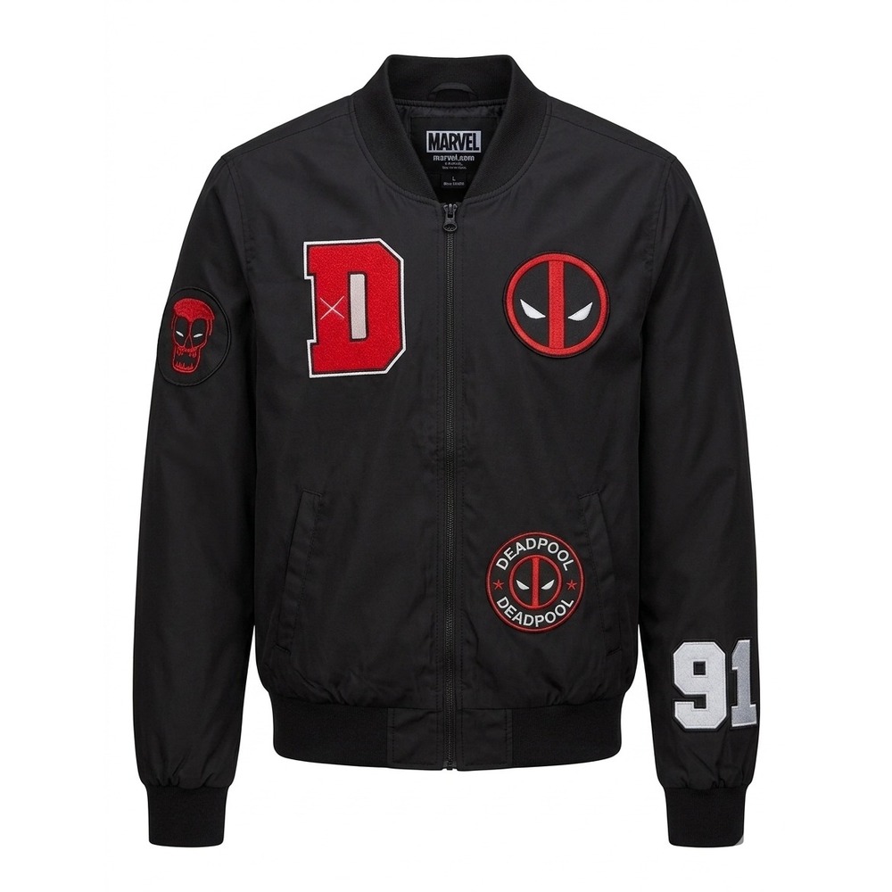 Marvel Deadpool Bioworld Black Bomber Jacket Embroidered Patches Mens Large